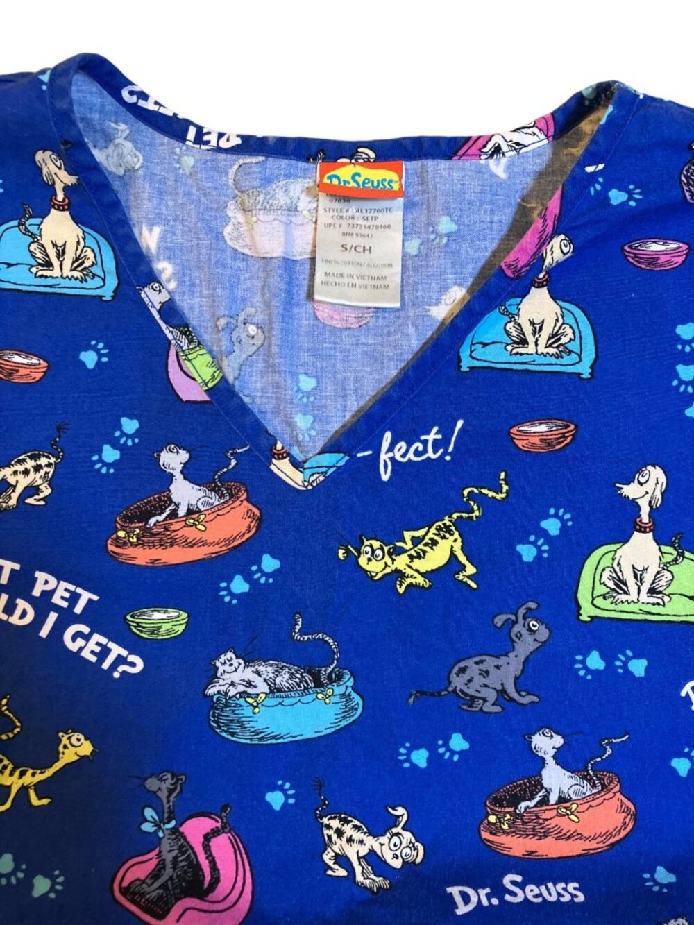 Dr. Seuss What Pet Should I Get  SM Scrub Top Royal Blue Paw-fect! 100% Cotton - Picture 3 of 8